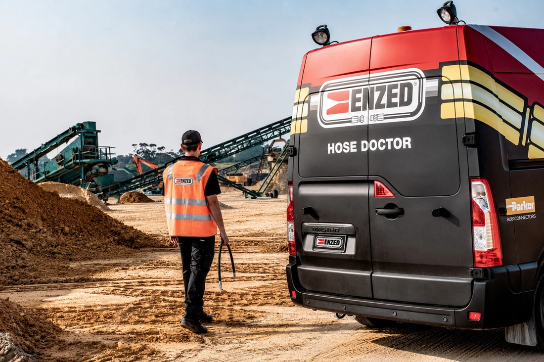 ENZED HOSE DOCTOR working beside a service truck